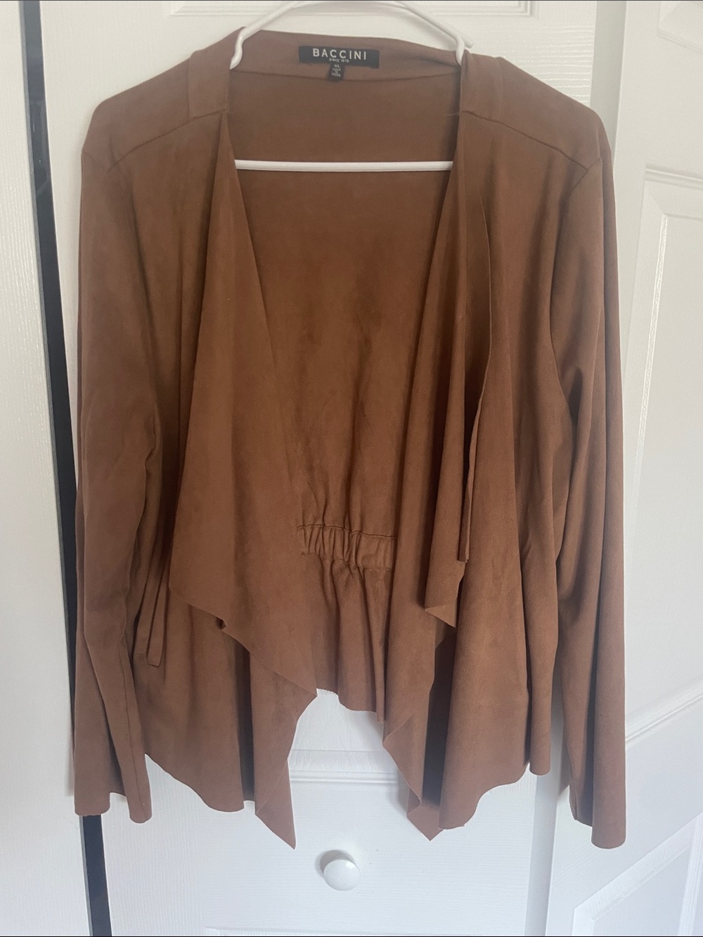 Soft faux suede brown jacket with front drape.